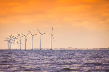 Wind turbines farm in Baltic Sea, Denmark