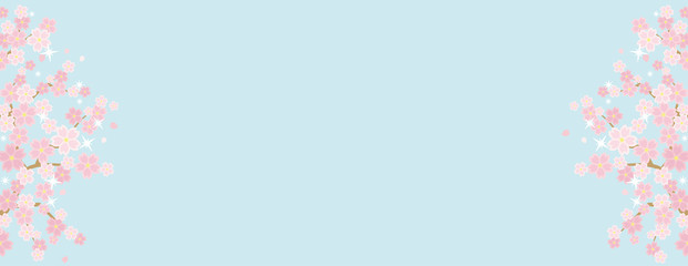 桜のある春の風景のイラスト(背景は空)横に長い書式用シンメトリータイプ