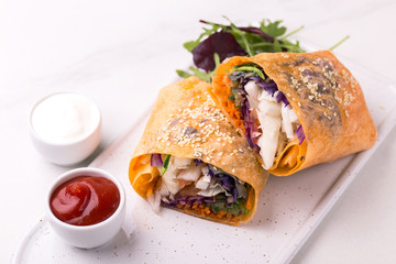 Healthy vegan fried vegetable wrap. raw food concept