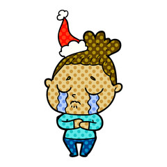 comic book style illustration of a crying woman wearing santa hat