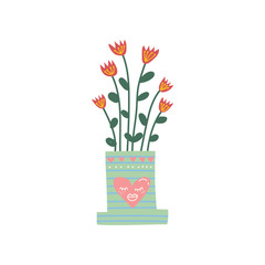 Flowering House Plant Growing in Cute Flowerpot, Design Element for Natural Home Interior Decoration Vector Illustration