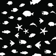 Underwater world in deep ocean. Silhouette of different fishes. Seamless vector EPS 10