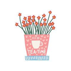 Red Flowers Growing in Cute Pink Pot, Design Element for Natural Home Interior Decoration Vector Illustration