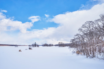 Beautiful landscape scenic of snow cover Onuma lake in Kameda district, Hokkaido, Japan.