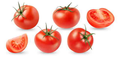 isolated tomato. Four whole fresh tomatoes. Two fresh cut tomatoes isolated on white background, with clipping path