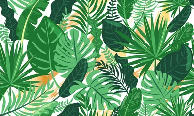 Wall murals Tropical Leaves Tropical leaves seamless pattern. Green tropical plants with golden abstract brush strokes. Jungle style. Vector illustration for textile, postcard, fabric, wrapping paper, background, packaging.