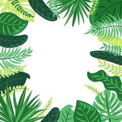 Fototapeta na wymiar Frame of tropical leaves. Illustration with foliage of exotic jungle plants. Jungle style. Vector composition on white background with copy space.