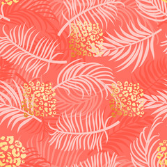 Fototapeta na wymiar Tropical leaves seamless pattern. Trendy living coral color. Tropical plants with leopard dots and golden texture. Vector illustration for textile, fabric, wrapping paper, background, packaging.