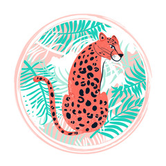 Summer illustration. Fashion t-shirt print. Composition with leopard and palm leaves. Vector illustration on white background.