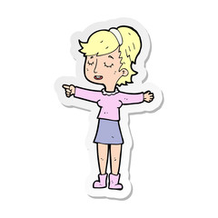 sticker of a cartoon happy woman pointing