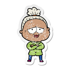 distressed sticker of a cartoon happy old lady