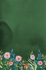 Colorful spring watercolor texture with flowers and brush strokes on the white paper background. Chaotic abstract organic design.