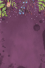 Colorful spring watercolor texture with flowers and brush strokes on the white paper background. Chaotic abstract organic design.