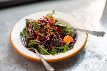 Green salad with mung bean, tangerine and red cabbage