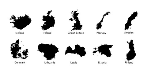 Vector illustration. Black silhouettes of Northern Europe states maps, simplified outlines. Denmark, Norway, Sweden, Finland, Estonia, Lithuania, Latvia, Great Britain, Ireland, Iceland	