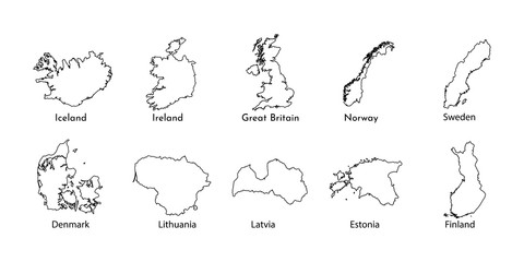 Vector illustration. Black line silhouettes of Northern Europe states maps, simplified outlines. Denmark, Norway, Sweden, Finland, Estonia, Lithuania, Latvia, Great Britain, Ireland, Iceland
