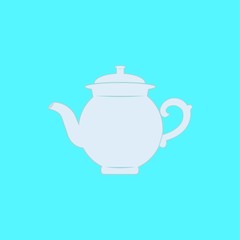 Realistic silhouette kettle, teapot icon isolated on blue background.