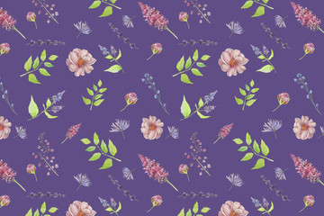 Colorful spring digital pattern with flowers and birds on the colorful plain background. Nature floral design.