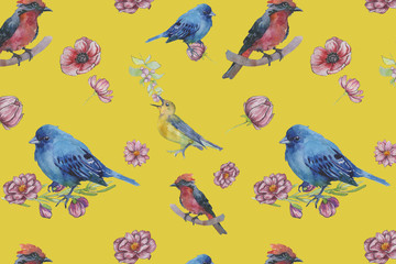 Colorful spring digital pattern with flowers and birds on the colorful plain background. Nature floral design.