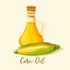 Bottle with corn oil near corncob or maize