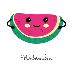 A slice of watermelon with happy face. Cartoon character. Kawaii food. Vector illustaration for posters, cards,.invitations, flyers, ect.