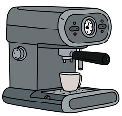 The vectorized hand drawing of a gray electric espresso maker and the white coffee cup