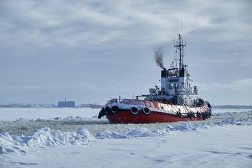 sea tug in winter