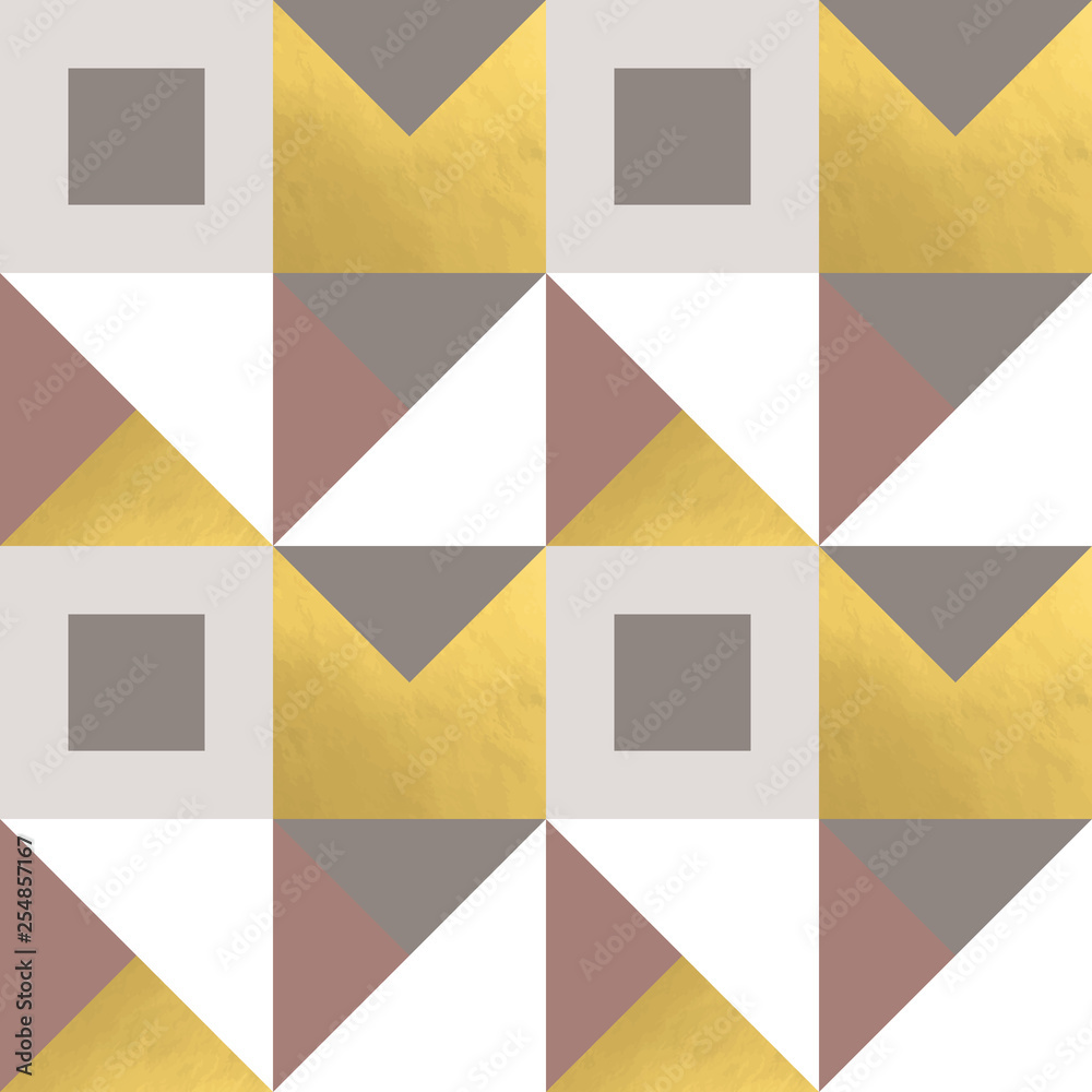 Poster Festive triangle and square geometric shapes background. Abstract mosaic vector seamless pattern in pastel and golden colors. Christmas , new year, carnival, party, celebration wrapping paper concept.