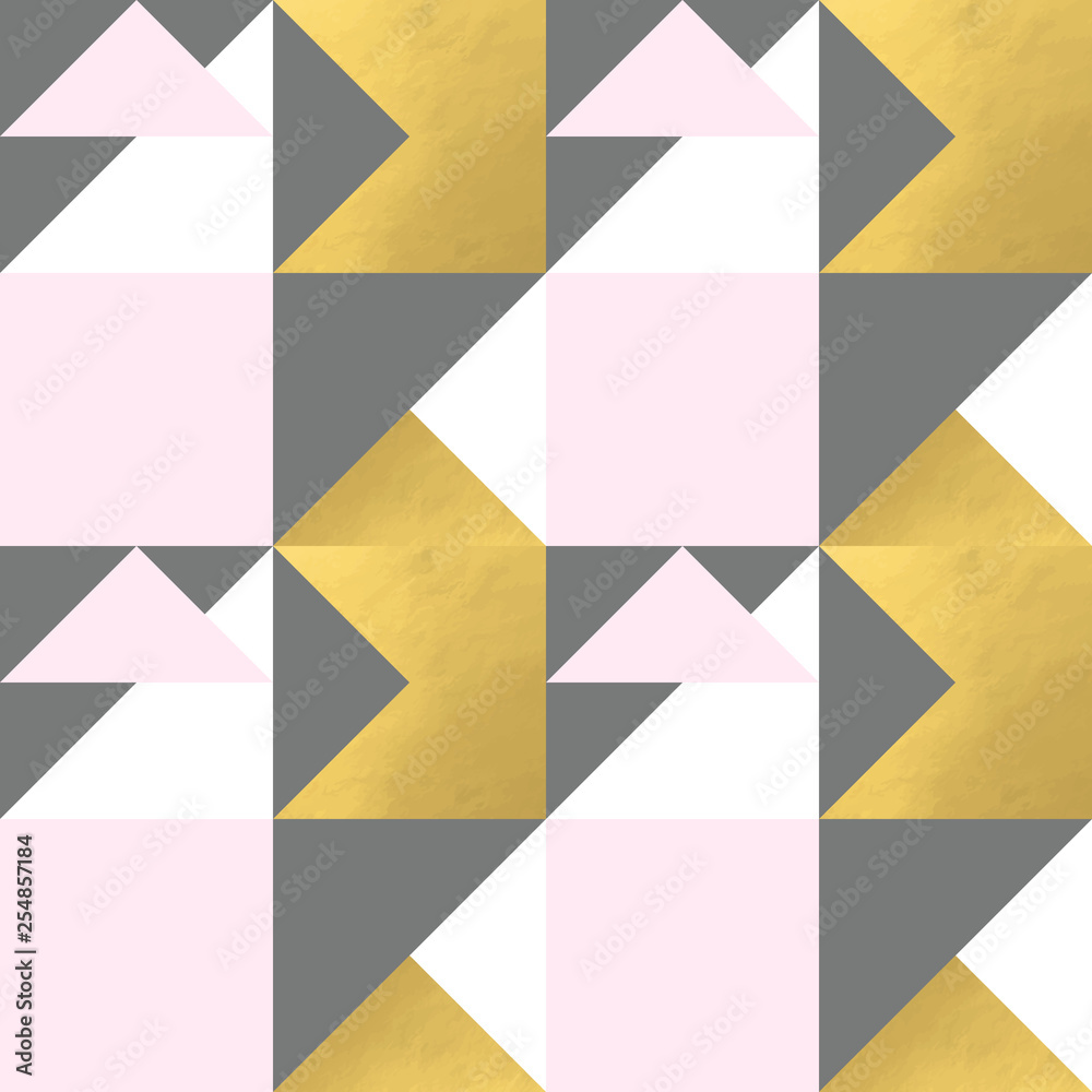 Poster Festive triangle and square geometric shapes background. Abstract mosaic vector seamless pattern in pastel and golden colors. Christmas , new year, carnival, party, celebration wrapping paper concept.