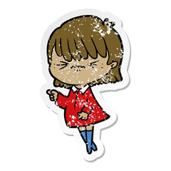 distressed sticker of a annoyed cartoon girl making accusation