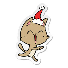 happy sticker cartoon of a cat meowing wearing santa hat