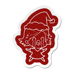 cartoon  sticker of a woman crying wearing santa hat