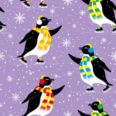 Seamless pattern with cute penguins skating in winter.