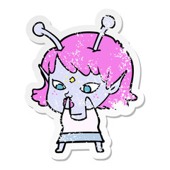 distressed sticker of a pretty cartoon alien girl