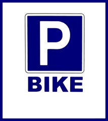 Bike parking sign, blue signal and text on white background 