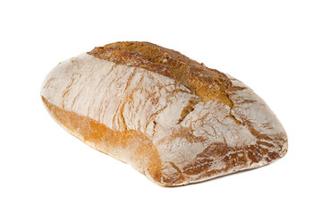 A traditional  square loaf of bread is isolated on a white background. bread isolated on a white background. square loaf of bread with two pieces cut off on a white background. 