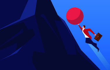 Businessman flying up pushing red ball to the top