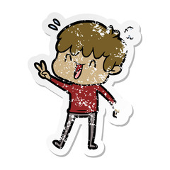 distressed sticker of a cartoon laughing boy