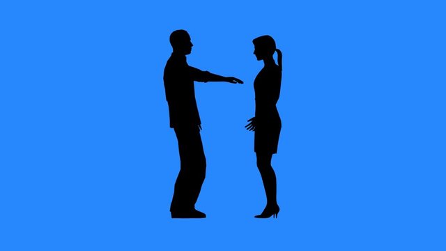 Man and woman talking to each other. Relations between men and women. Communication between people. Black silhouettes on blue background.