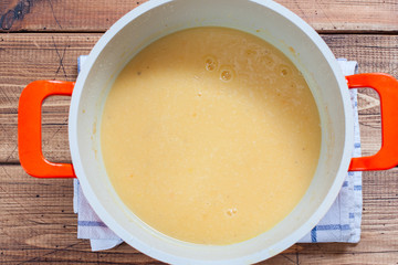 Step-by-step preparation of mashed potato soup with bacon, step 7 - mash the soup, top view