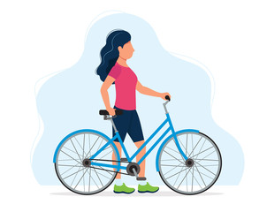 Woman with a bicycle, concept illustration for healthy lifestyle, sport, cycling, outdoor activities. Vector illustration in flat style