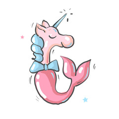 Cute unicorn mermaid simple vector cartoon illustration. Magical creature with unicorn head and body and fish tail. Dreaming, magic, fairy tale mythical theme design element