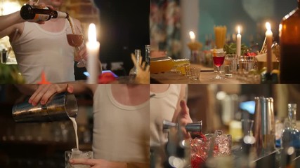 4 in 1: Young professional bartender working with different drinks