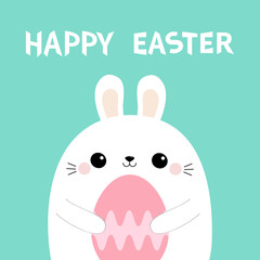 Bunny rabbit holding pink painting egg. Happy Easter. Cute cartoon kawaii funny baby character. Farm animal. Blue pastel background. Flat design