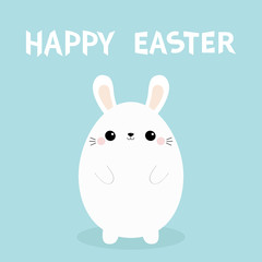 Happy Easter. White bunny rabbit. Painting egg shape. Funny head face. Big ears. Cute kawaii cartoon character. Baby greeting card Blue pastel color background. Flat design.