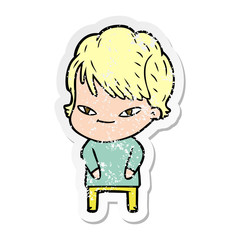 distressed sticker of a cartoon happy woman