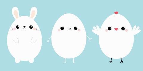 Happy Easter chicken bird, bunny head face, egg set line. White rabbit baby chick. Cute cartoon kawaii funny character. Friends forever. Farm animal. Blue pastel background. Flat design