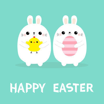 Happy Easter Two bunny holding chicken bird, painting egg set. Rabbit baby chick friends forever. Farm animal. Cute cartoon kawaii funny character. Blue pastel background. Flat design
