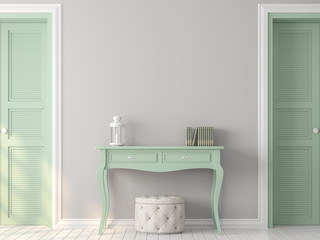 Vintage room with pastel color 3d render,There are white wood floor,gray paint wall,Decorate with light green table,sunlight shining into the room.