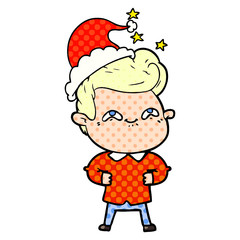 comic book style illustration of a excited man wearing santa hat